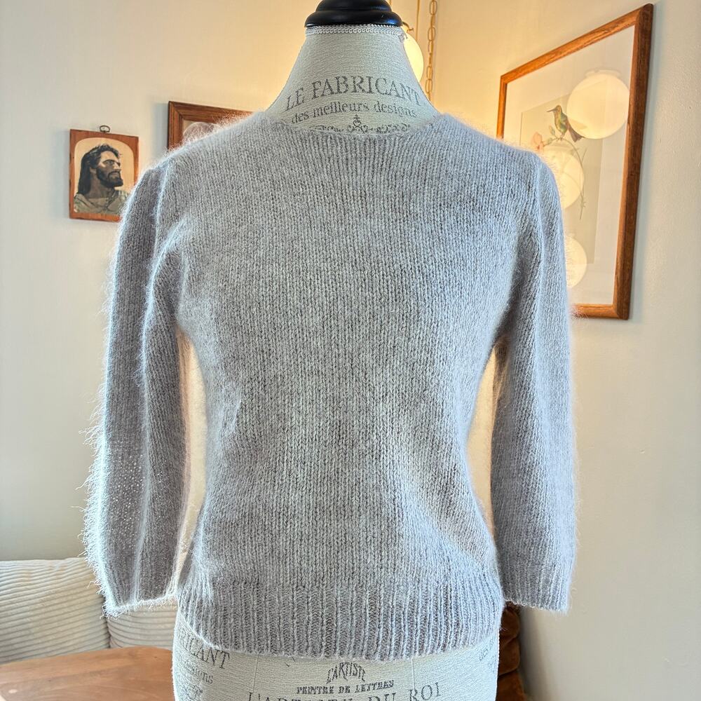 Vintage Saint Cyr Silk Angora Blend Gray Knit  Sweater Puff 3/4 Sleeve L Fits S